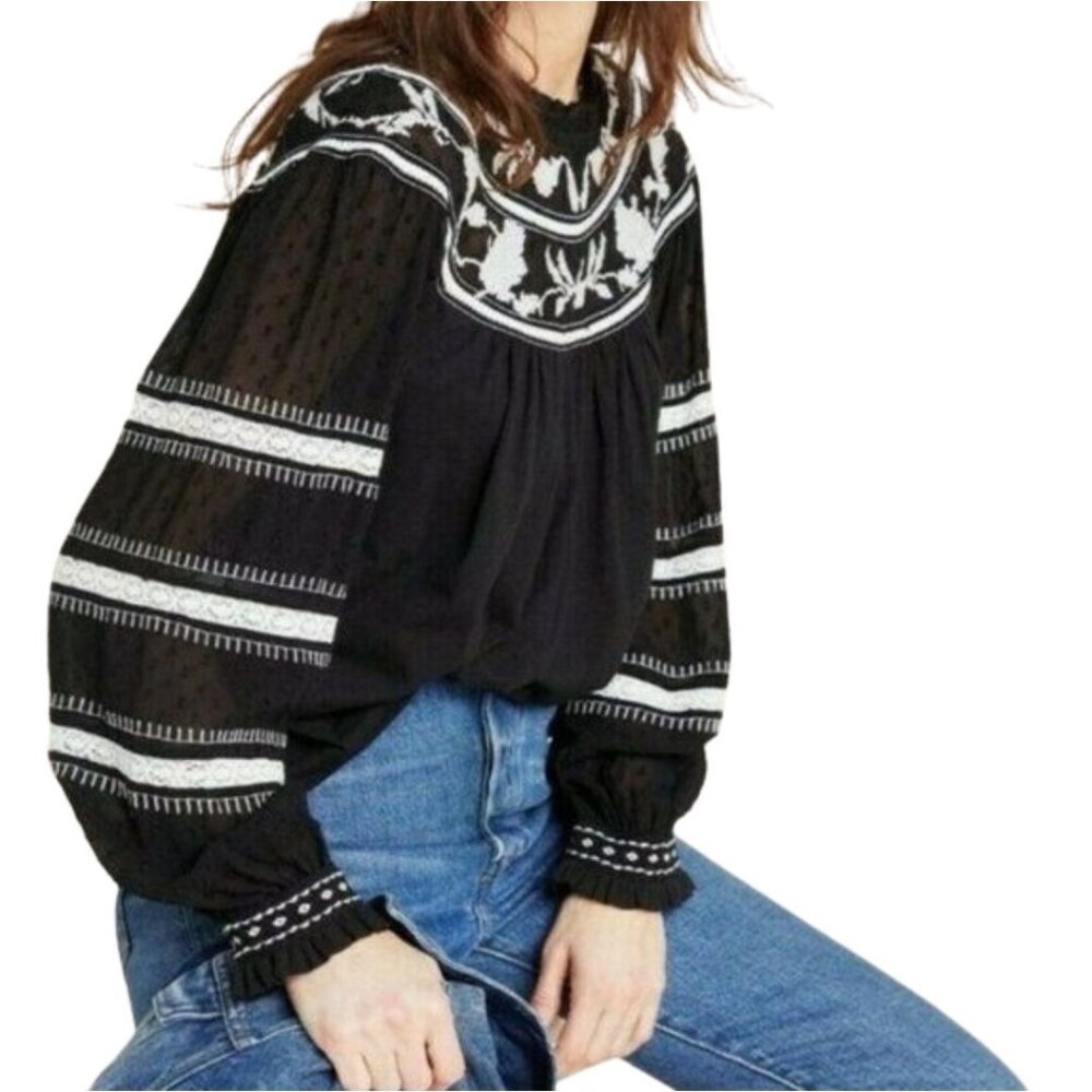 NWT Maeve Anthropologie Embroidered Boho Top – Black Long Sleeve Cotton Small